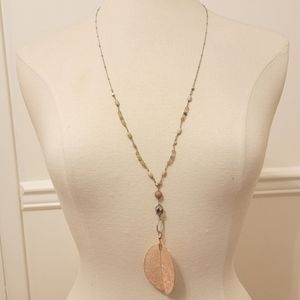 🔴 J. JILL Semi-Precious Copper Leaf Pendant Quartz Bead Long Silver Tone